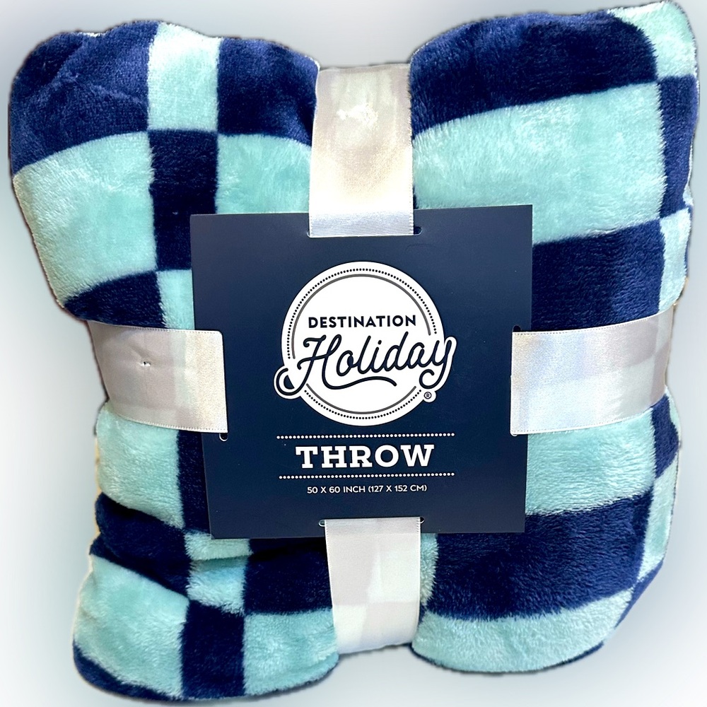 DESTINATION NAVY ROYAL BLUE 50x60” FLEECE THROW PLUSH FUZZY CHECK BLANKET SOFT